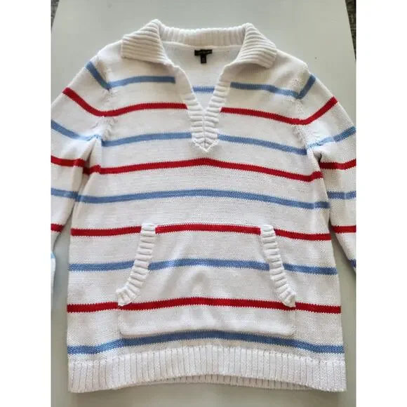 Talbot's Women's XL White Cable Knit Sweater With‎ Blue & Red Stripes Nautical - Picture 2 of 8